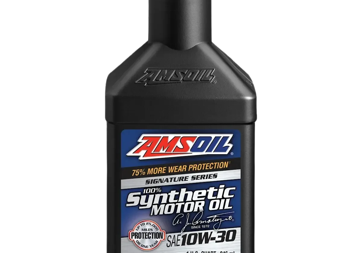AMSOIL synthetic motor oil bottle, black background.