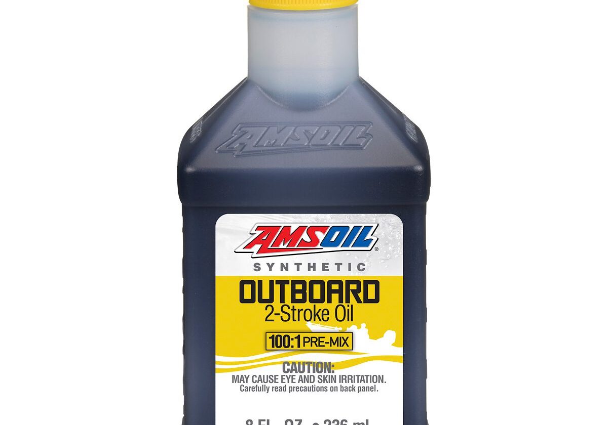 AMSOIL synthetic outboard 2-stroke oil bottle.
