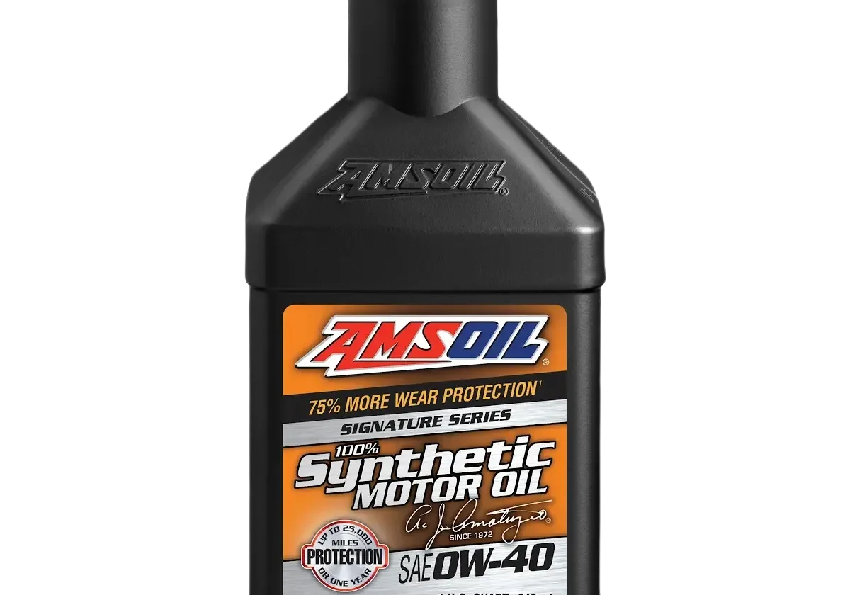 AMSOIL synthetic motor oil bottle, black background.