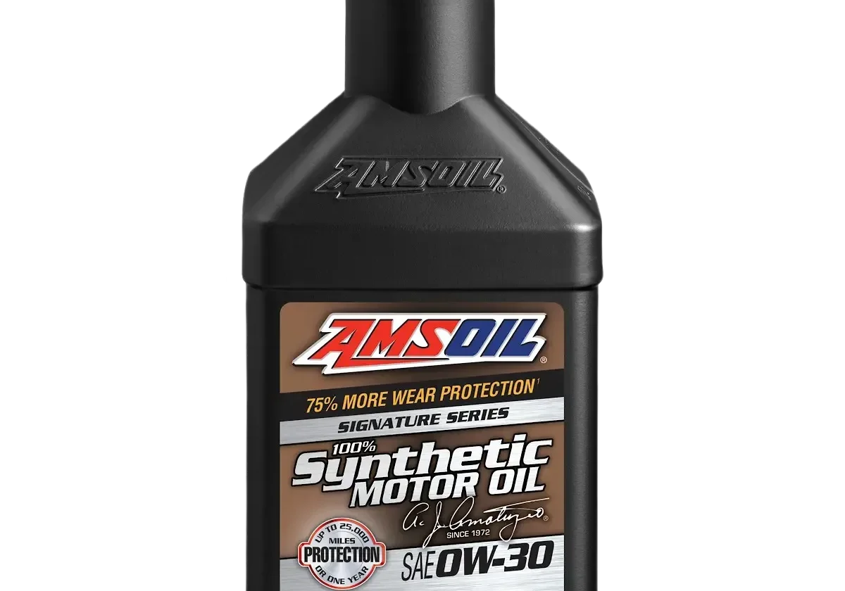 Black bottle of AMSOIL synthetic motor oil.