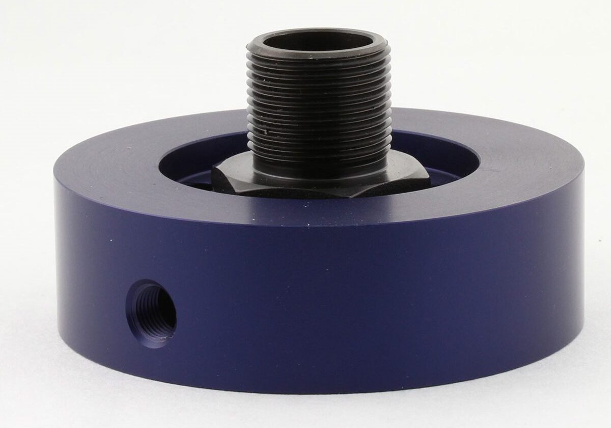 Blue threaded metal adapter on white background.