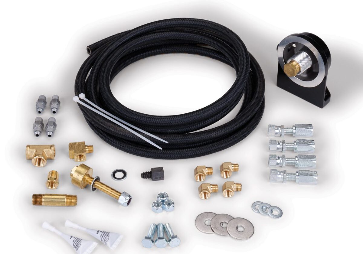Oil cooler kit with various components displayed.