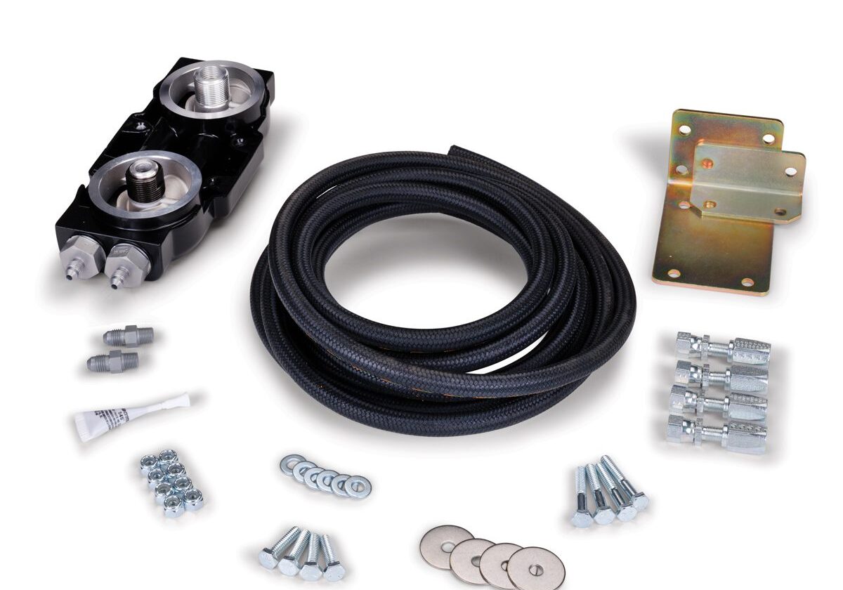 Oil cooler kit with components and hoses.