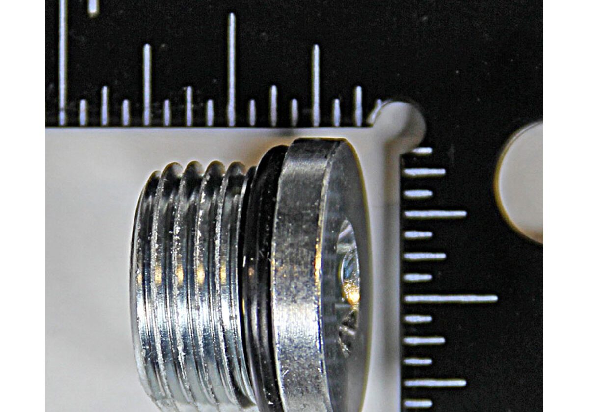 Metal screw plug next to a ruler.