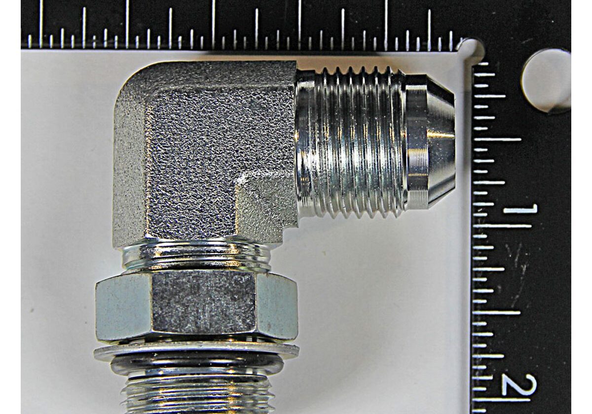 Metal elbow fitting with measurement scale.