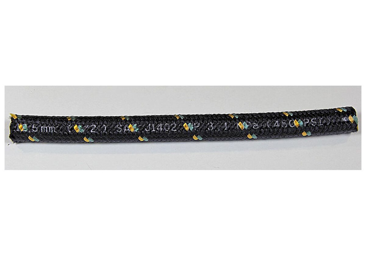 Black braided hose with specifications printed.
