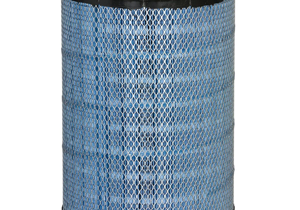Blue cylindrical air filter with black caps.