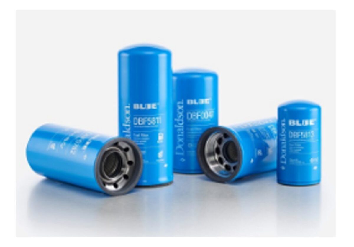 Blue automotive filters displayed on surface.