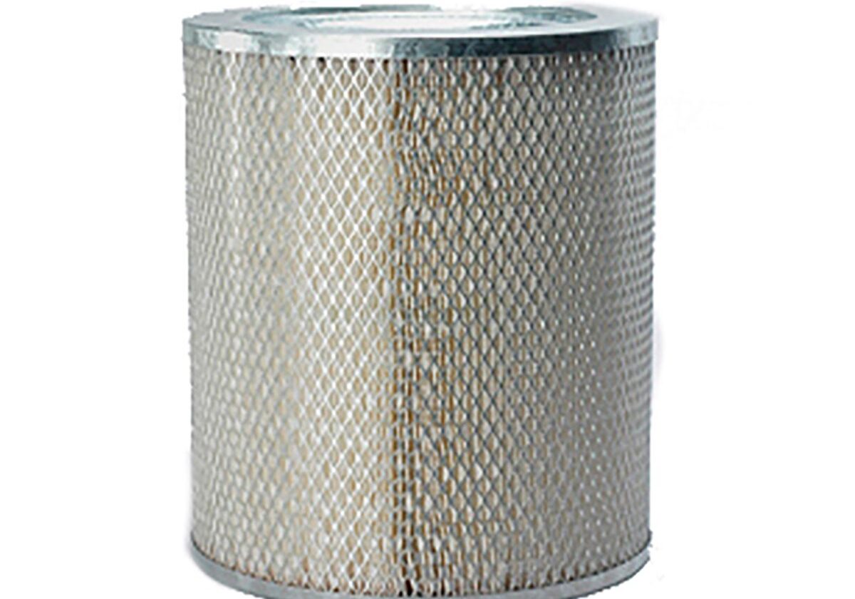Cylindrical air filter with mesh exterior.