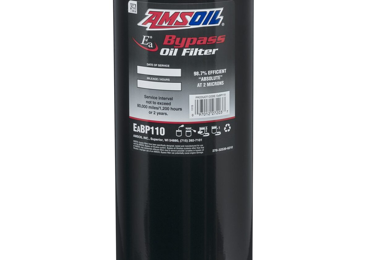 Amsoil bypass oil filter, black cylinder shape.