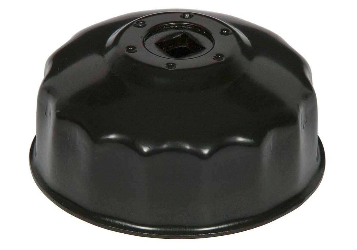 Black oil filter wrench on white background.