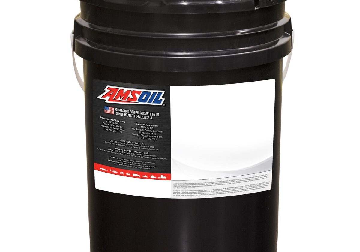 Black bucket labeled with Amsoil logo.