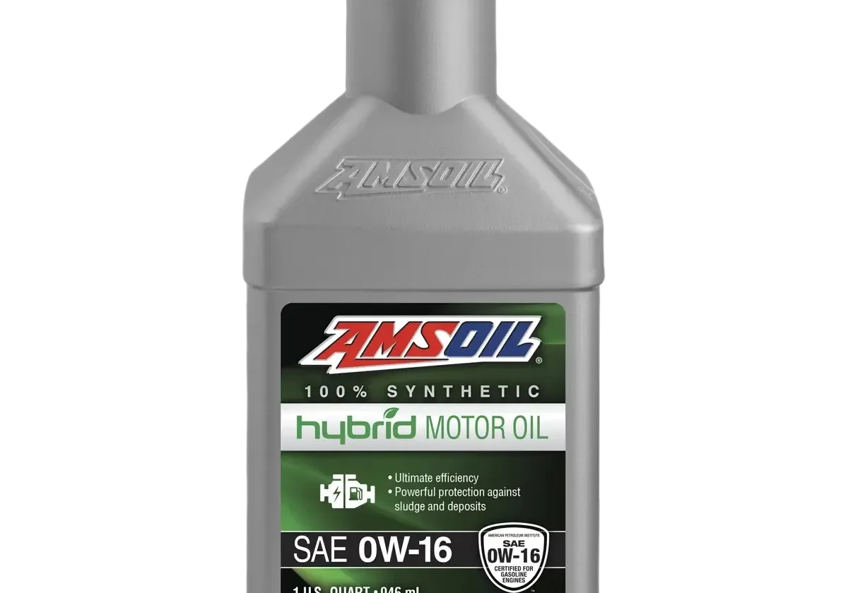 AMSOIL synthetic hybrid motor oil bottle.