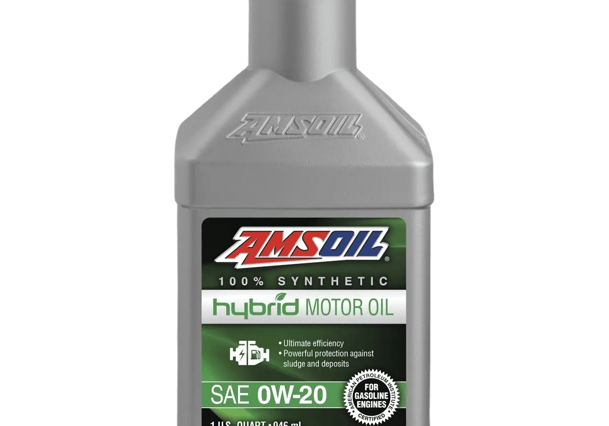 AMSOIL synthetic hybrid motor oil bottle.