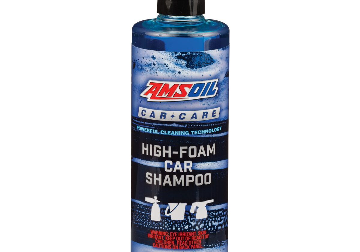 Blue bottle of high-foam car shampoo.