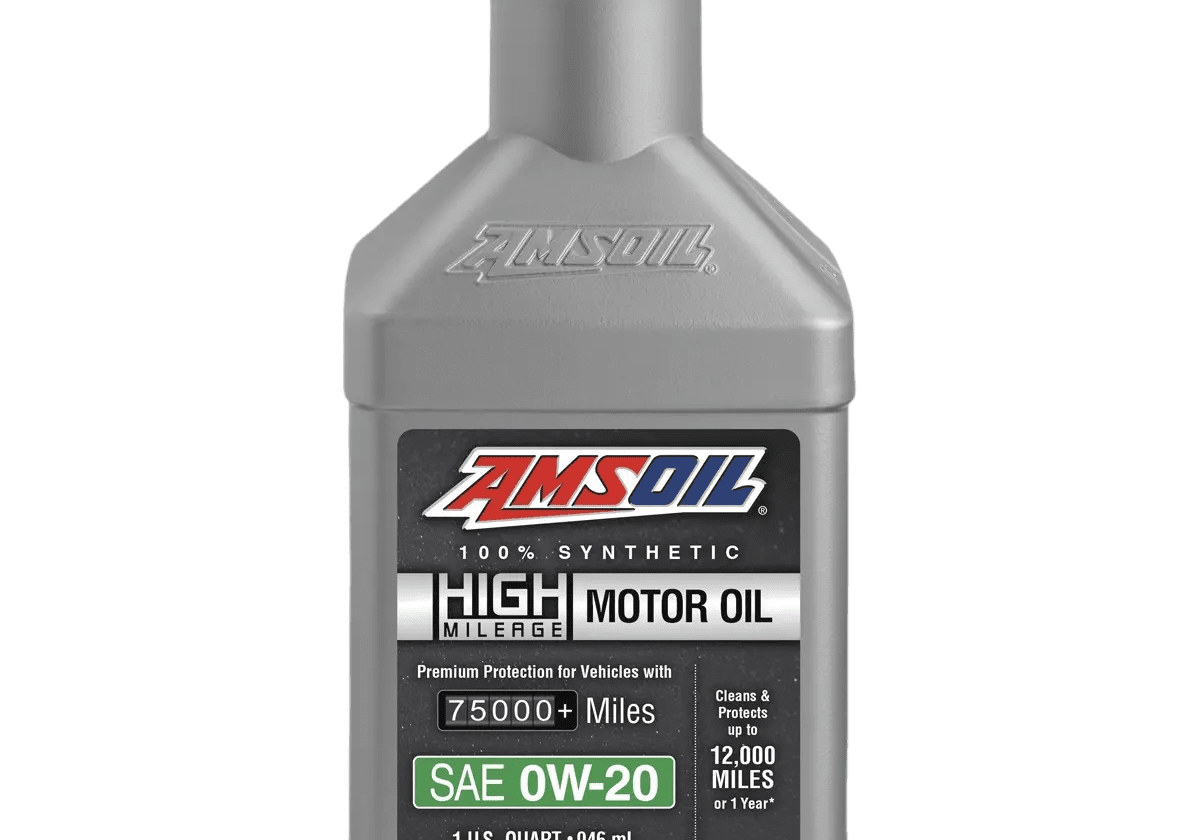 AMSOIL high mileage synthetic motor oil bottle.