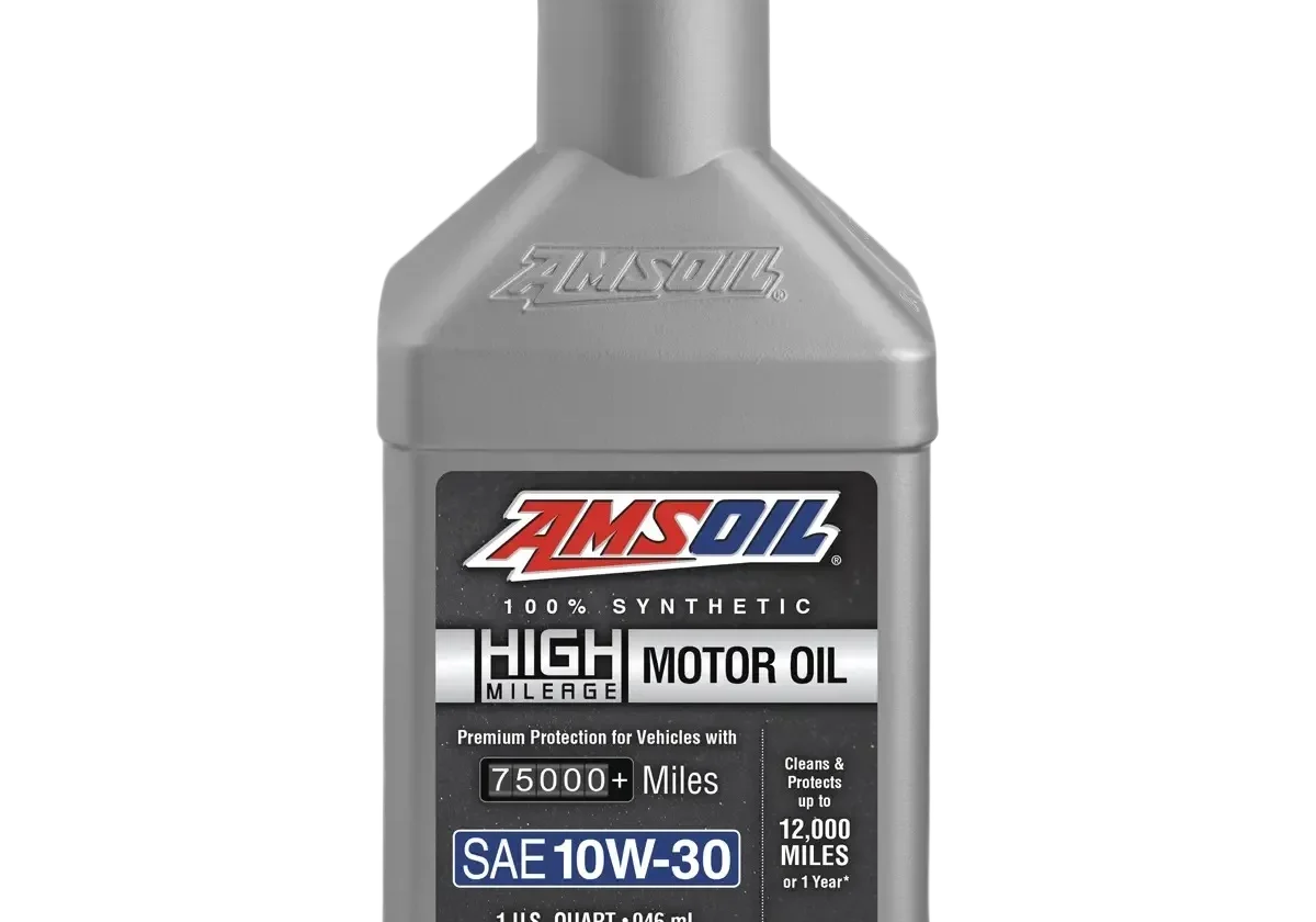 Amsoil motor oil bottle with blue cap.