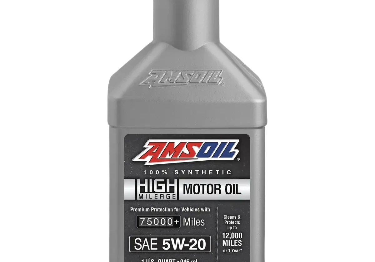 AMSOIL high mileage motor oil bottle.