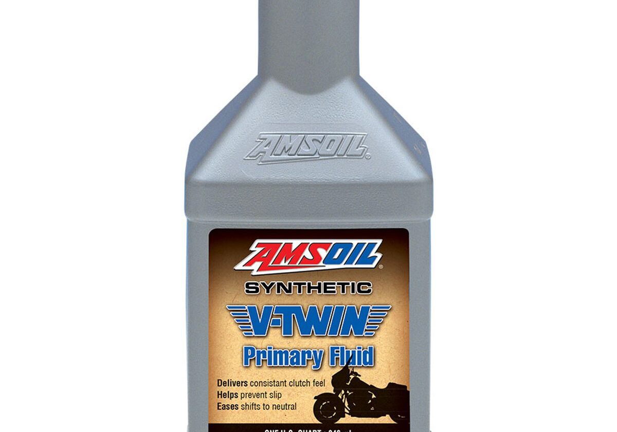 Amsoil synthetic V-Twin primary fluid bottle.