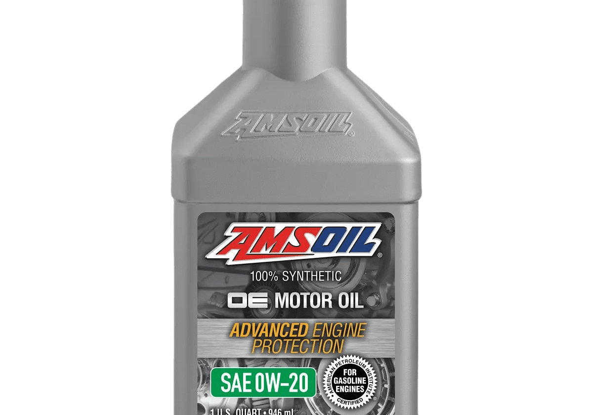 AMSOIL synthetic motor oil bottle, green cap.