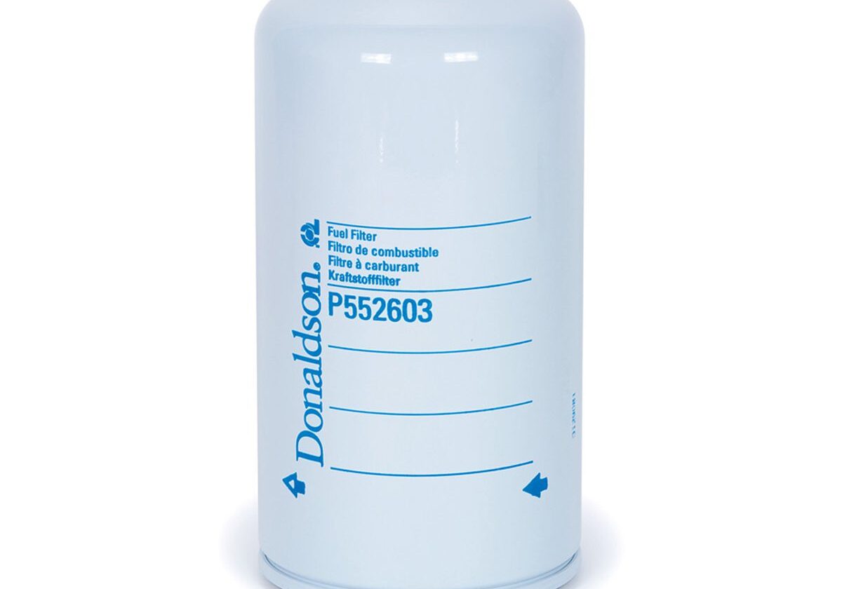White Donaldson fuel filter with blue text.