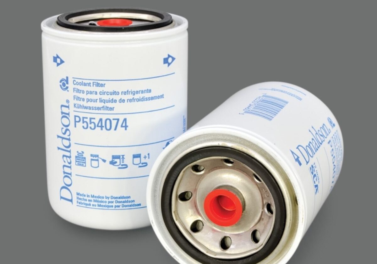 Two Donaldson coolant filters on gray background.