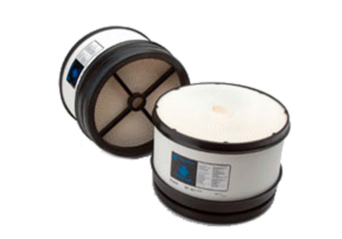 Two cylindrical air filters, white and black.