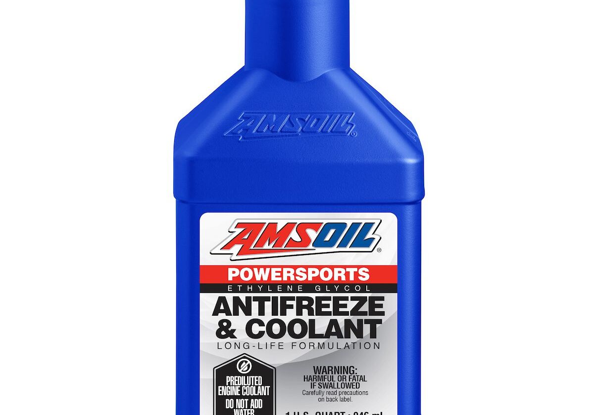 Blue bottle of AMSOIL antifreeze coolant.