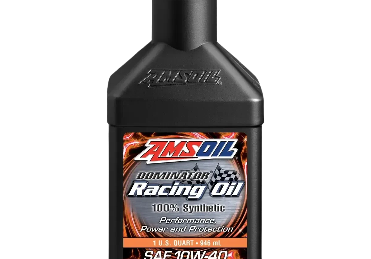 AMSOIL synthetic racing oil bottle, black background.