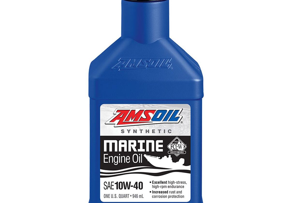 Blue bottle of AMSOIL marine engine oil.