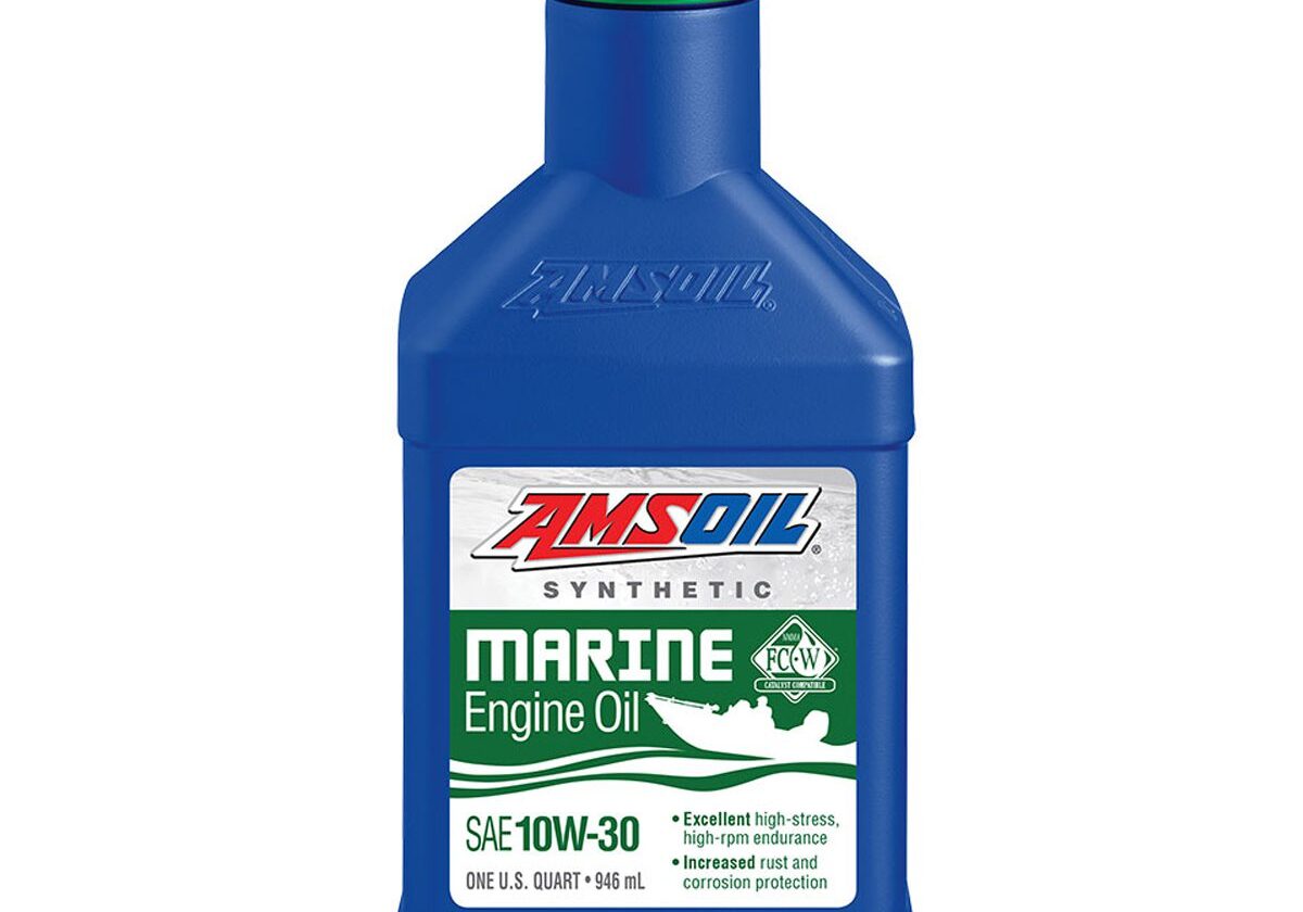 Blue bottle of synthetic marine engine oil.